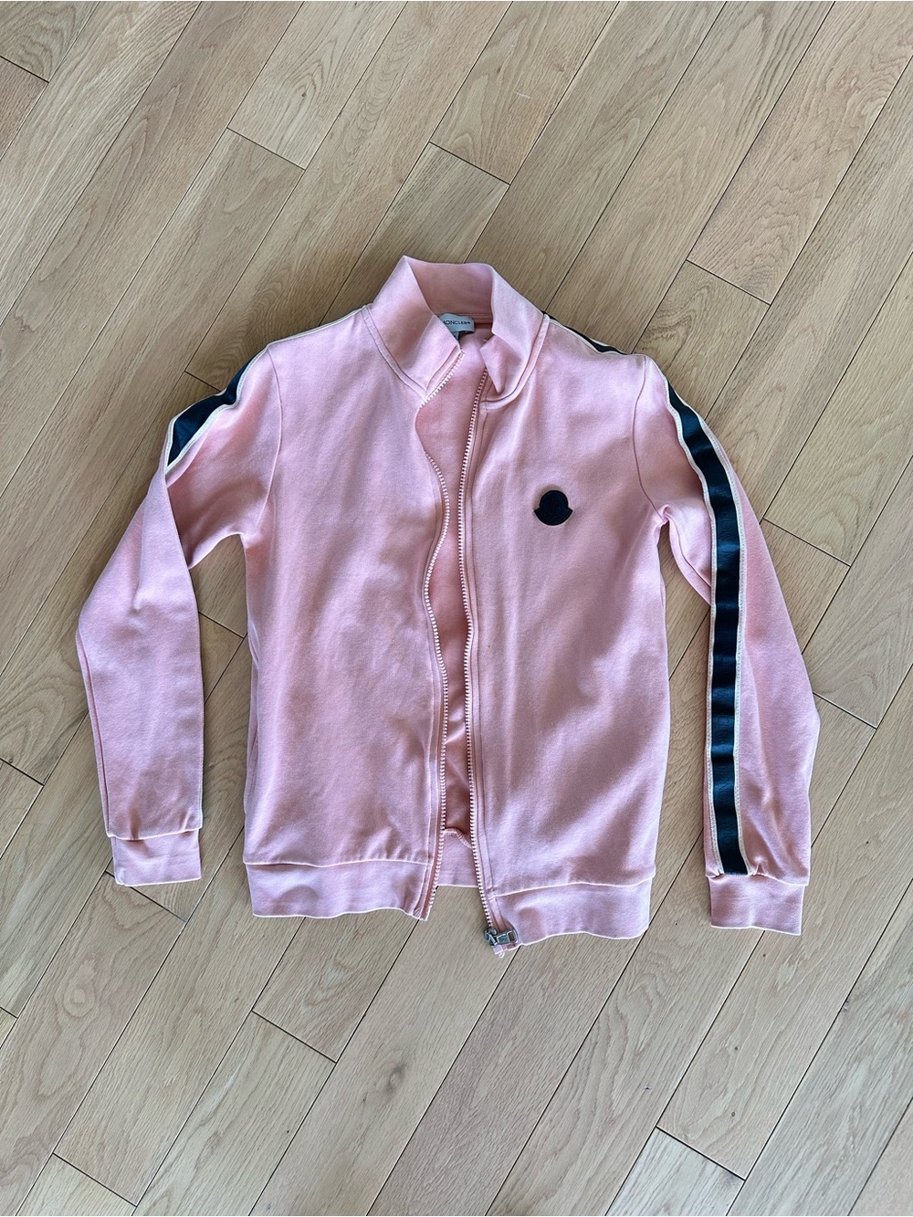 Moncler Kids Peach Pink Zip-Front Track Jacket with Black Logo Stripe Size 12